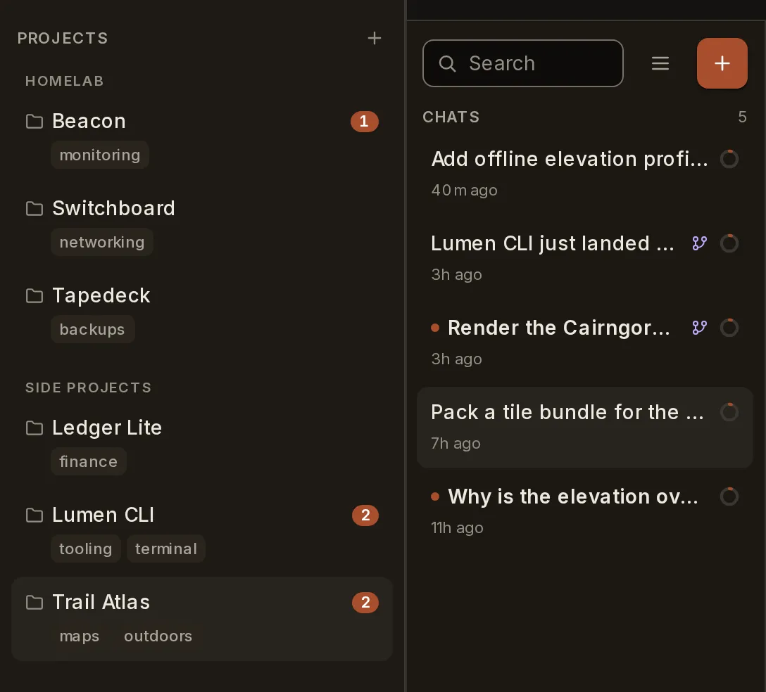 Paddock’s project rail with six projects under two headings, Homelab and Side Projects, several showing unread counts; Trail Atlas is selected and the column beside it lists that project’s five chats