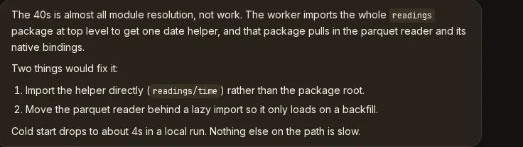 An assistant reply rendered in a chat, with the words "readings" and "readings/time" set as inline code chips on a visibly darker fill than the message card they sit on